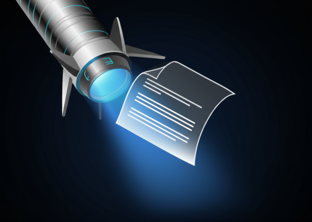 A document being inserted into a glowing rocket chamber
